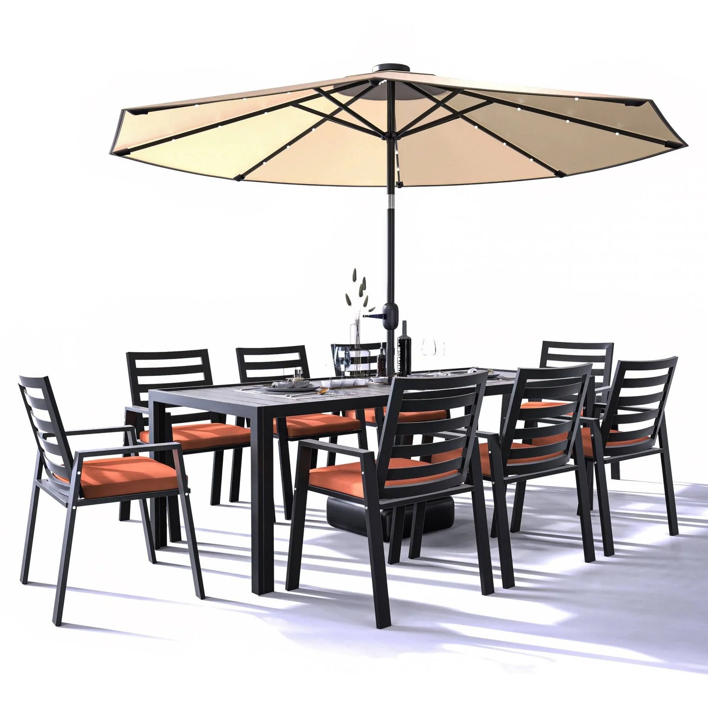 Chelsea 9-Piece Modern Outdoor Dining Set in Black Aluminum with Removable Cushions - Elax Furniture