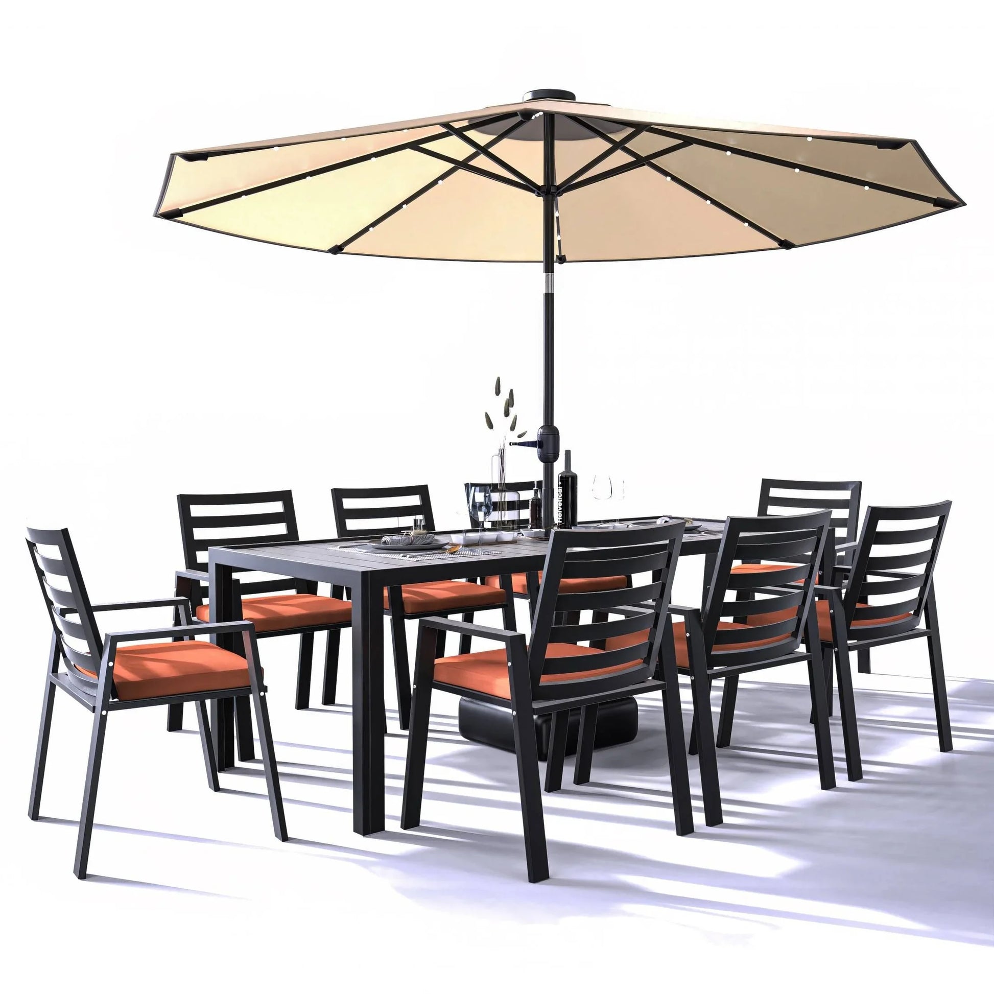 Chelsea 9-Piece Modern Outdoor Dining Set in Black Aluminum with Removable Cushions - Elax Furniture