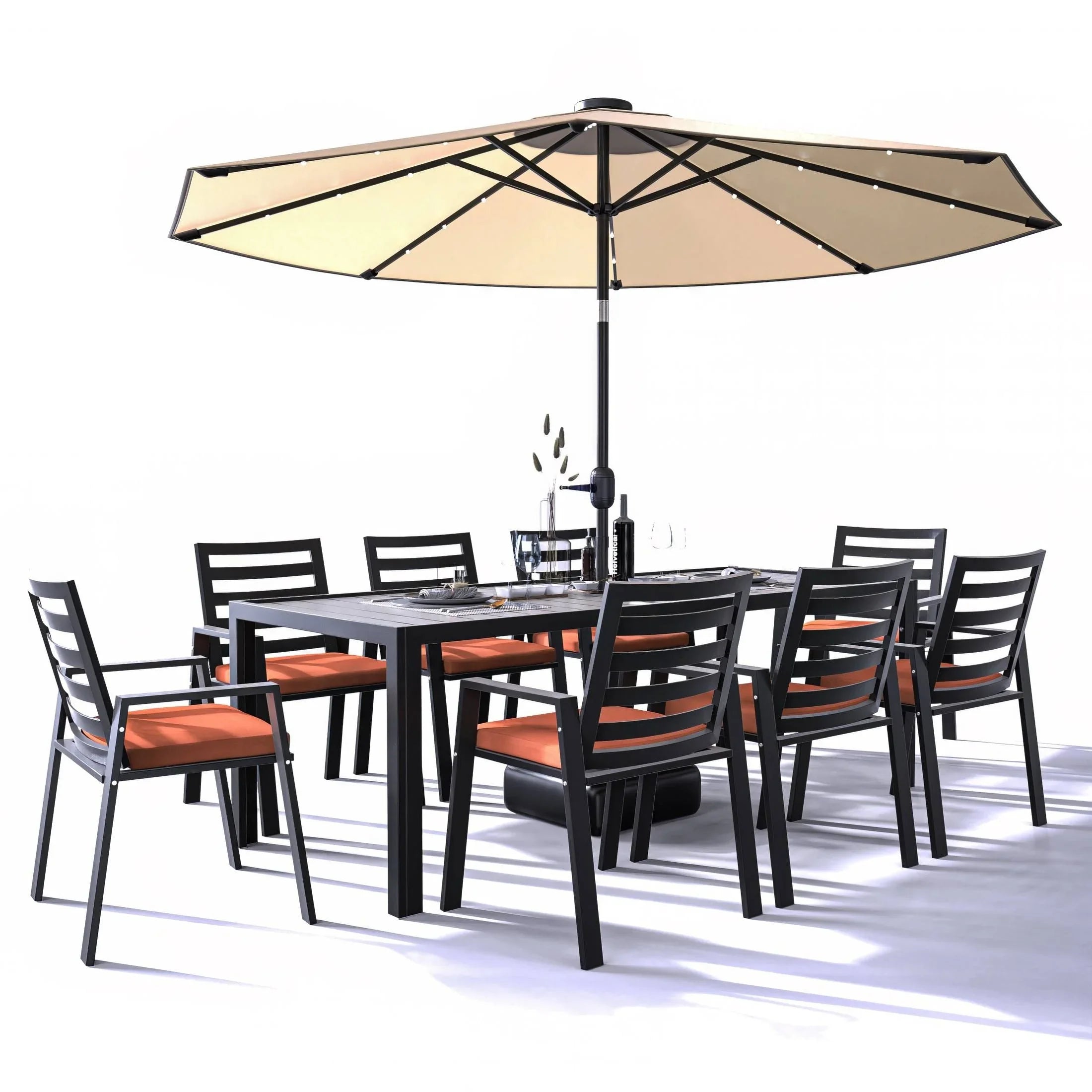 Chelsea 9-Piece Modern Outdoor Dining Set in Black Aluminum with Removable Cushions - Elax Furniture