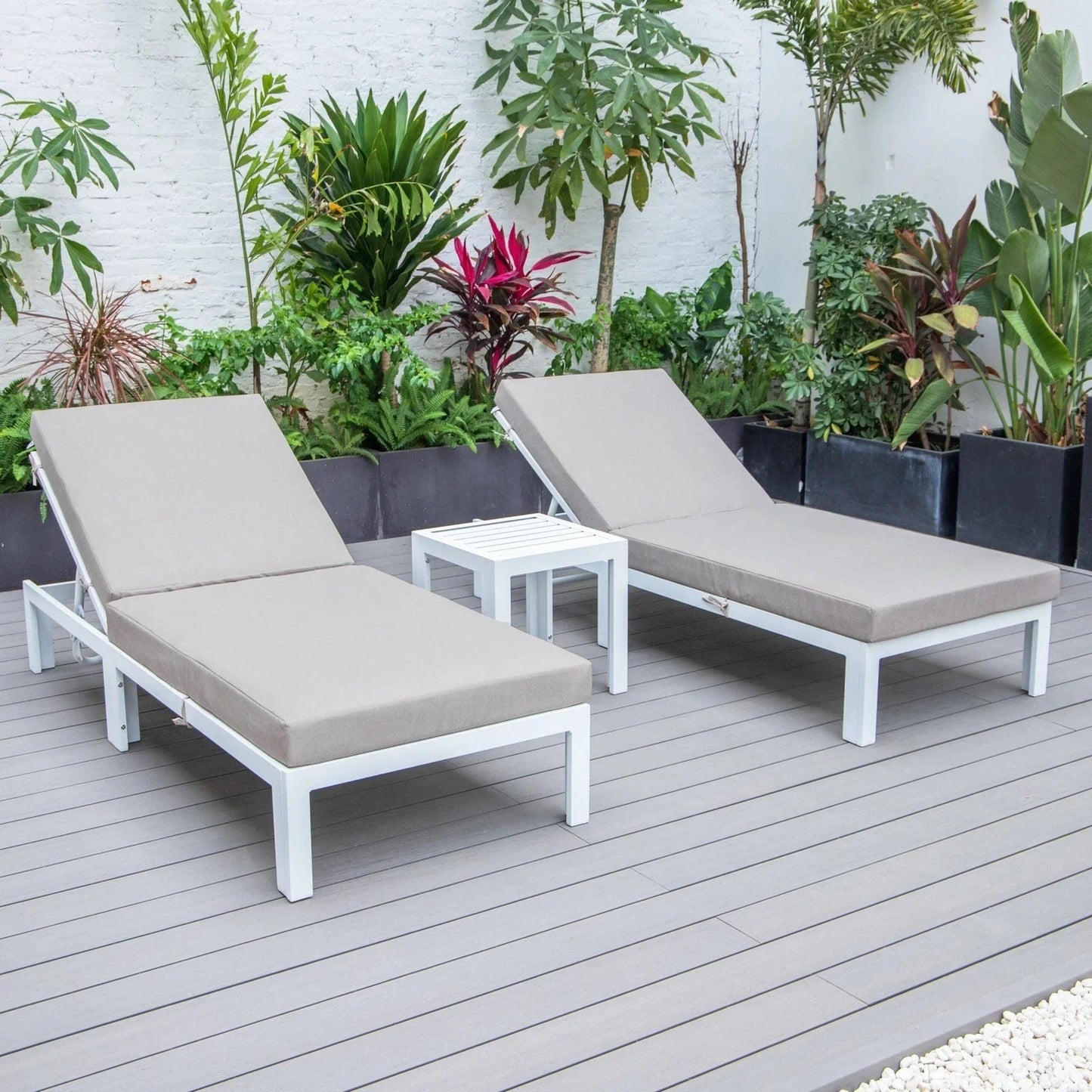 Chelsea Modern Outdoor White Chaise Lounge With Side Table & Cushions Set of Two - Elax Furniture