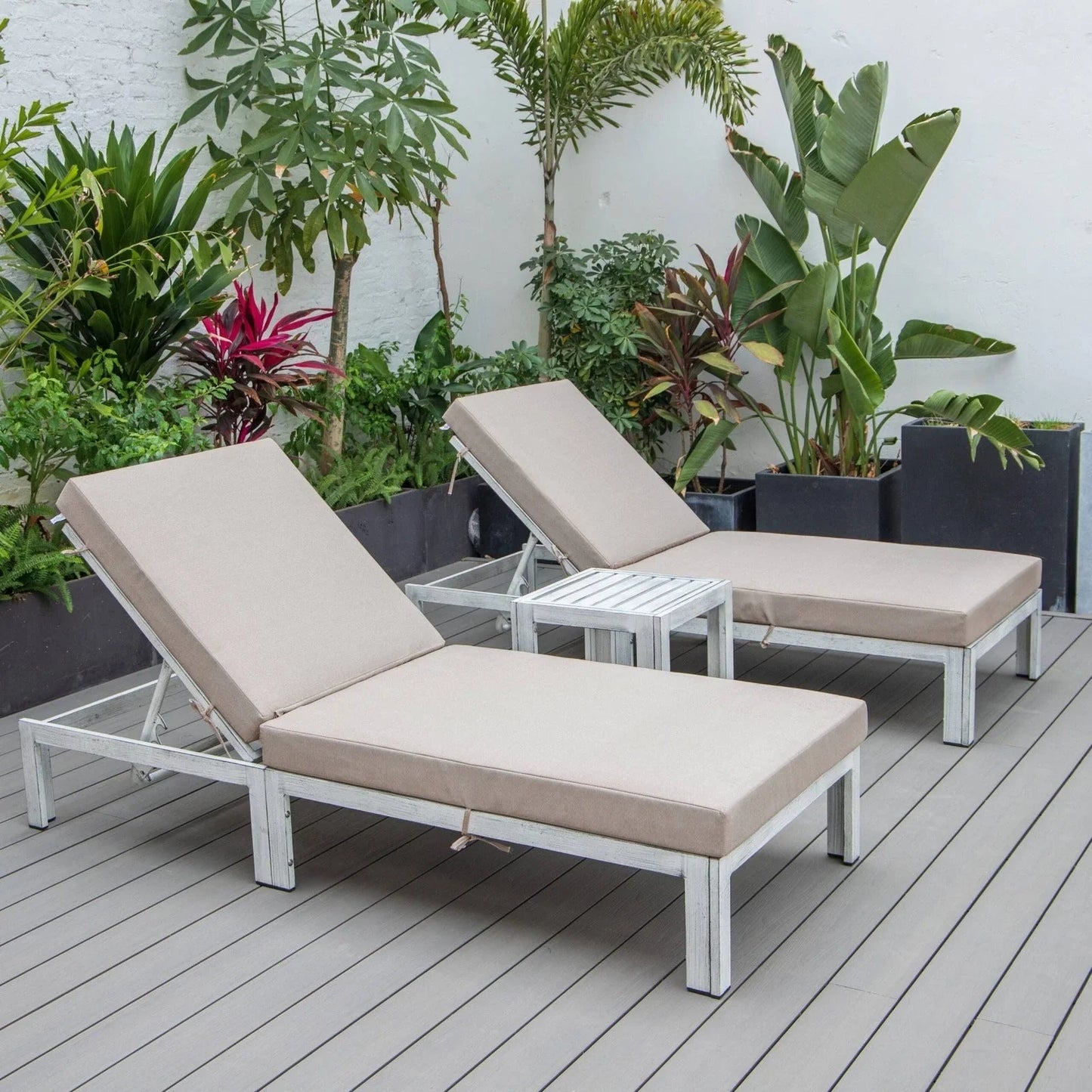 Chelsea Modern Outdoor Weathered Grey Chaise Lounge With Side Table & Cushions Set of Two - Elax Furniture