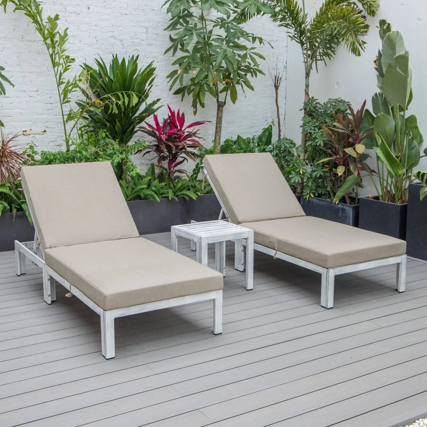 Chelsea Modern Outdoor Weathered Grey Chaise Lounge With Side Table & Cushions Set of Two - Elax Furniture