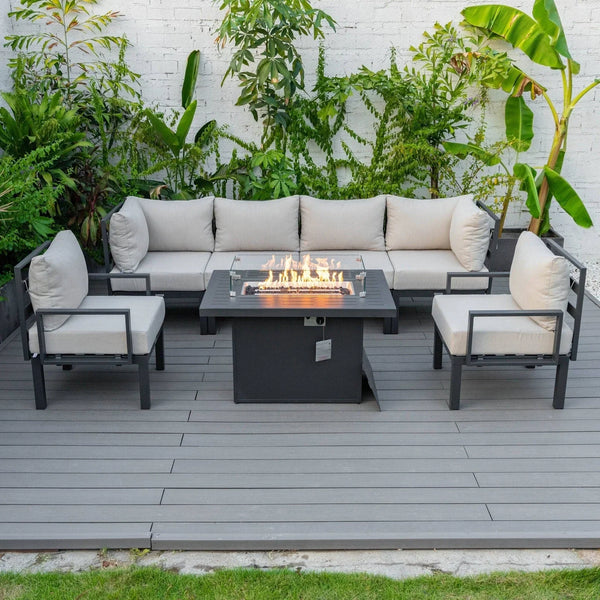 Chelsea 7-Piece Patio Sectional Set in Black Aluminum with Fire Pit Table