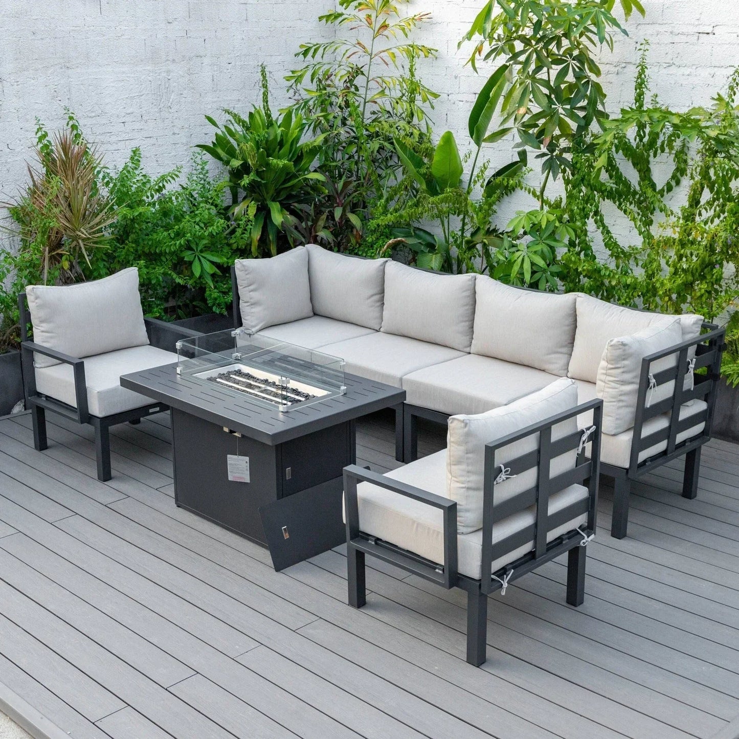 Chelsea 7-Piece Patio Sectional Set in Black Aluminum with Fire Pit Table - Elax Furniture