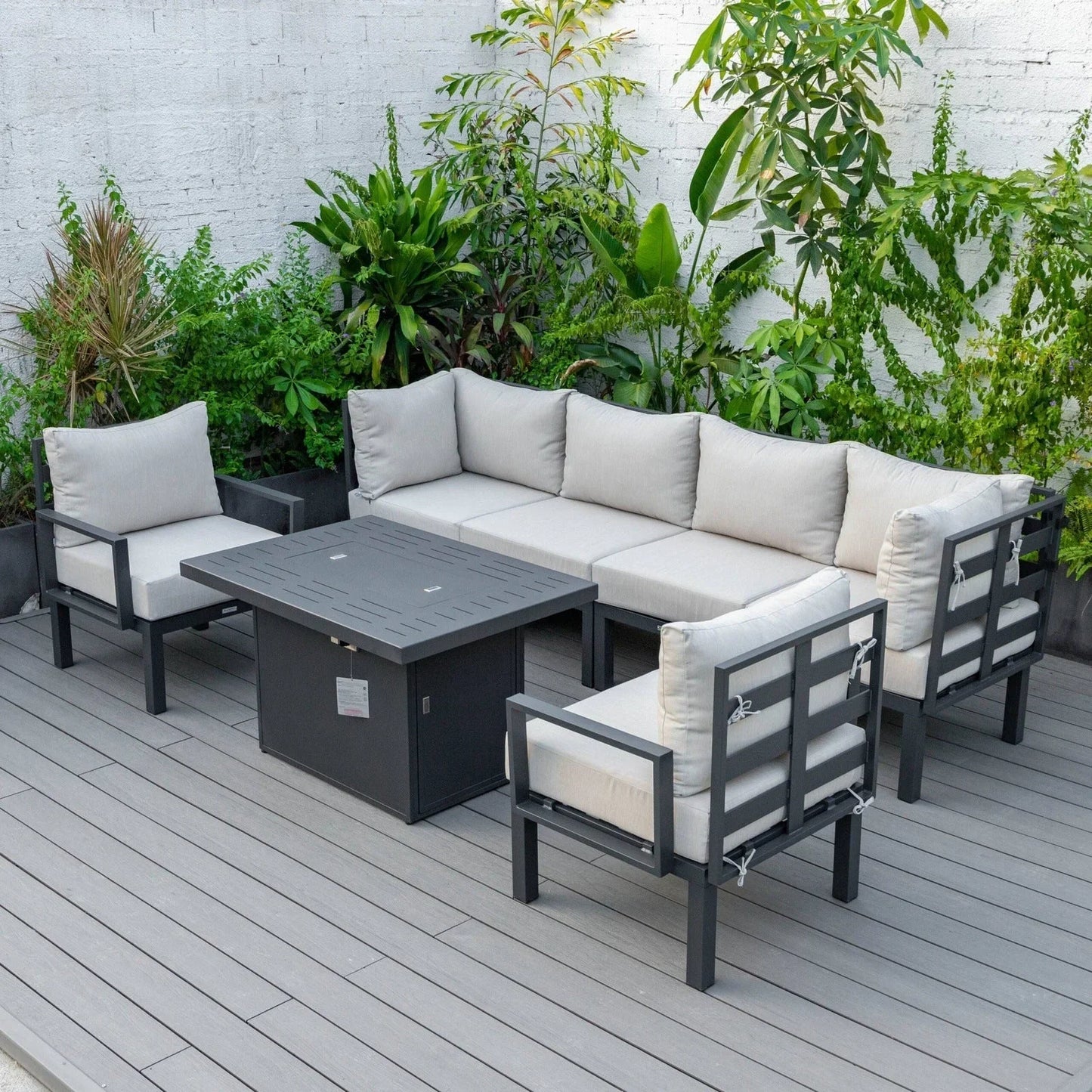 Chelsea 7-Piece Patio Sectional Set in Black Aluminum with Fire Pit Table - Elax Furniture