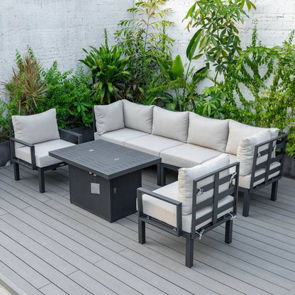 Chelsea 7-Piece Patio Sectional Set in Black Aluminum with Fire Pit Table - Elax Furniture