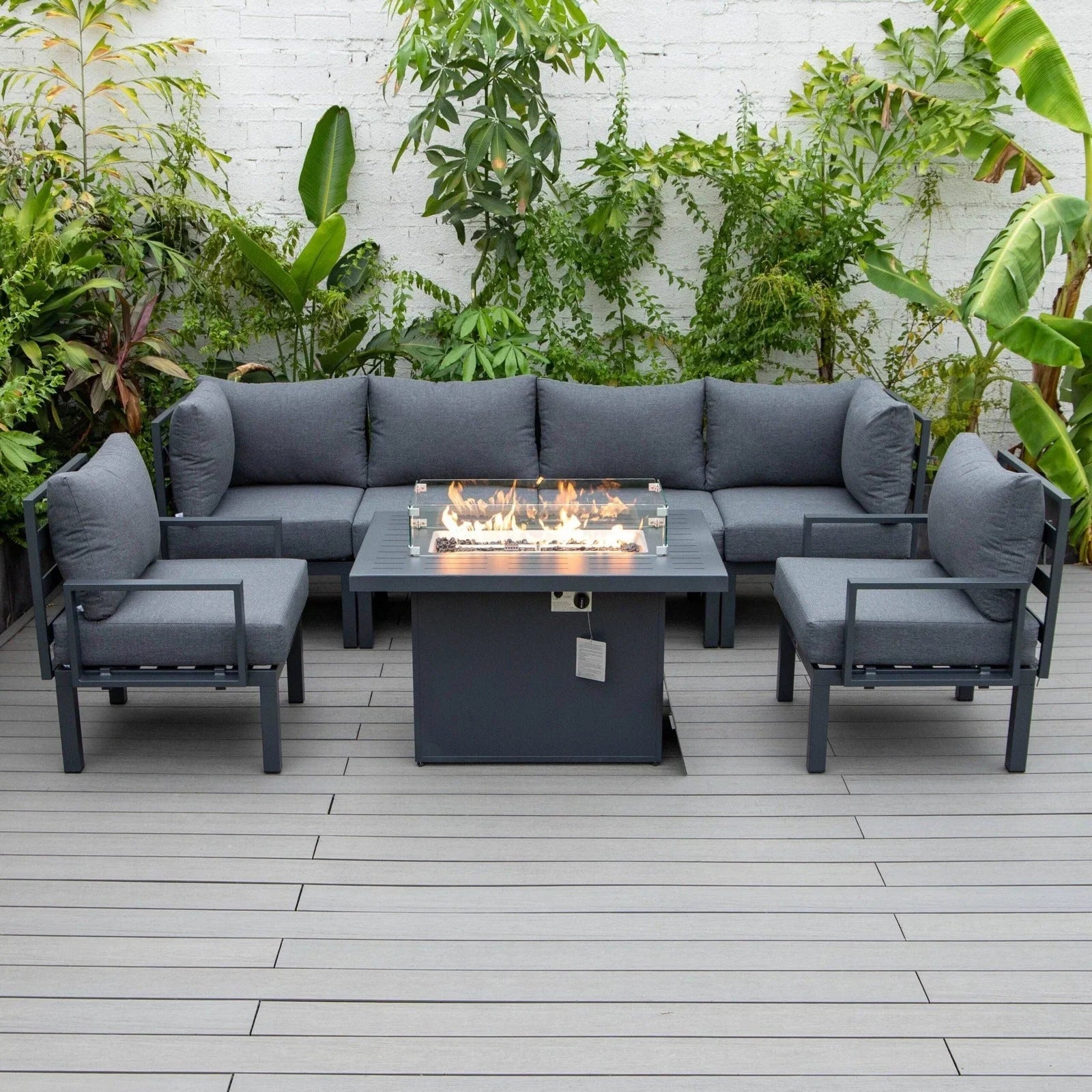 Chelsea 7-Piece Patio Sectional Set in Black Aluminum with Fire Pit Table - Elax Furniture