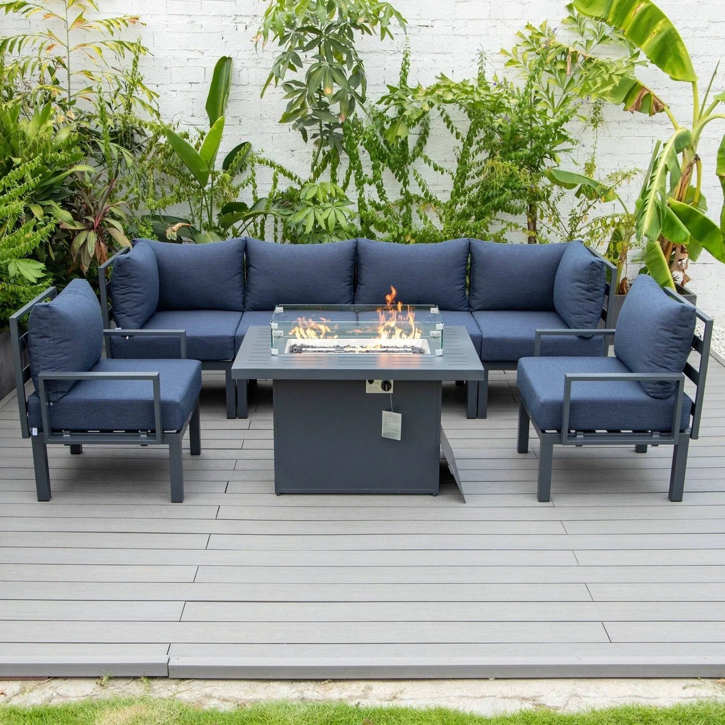 Chelsea 7-Piece Patio Sectional Set in Black Aluminum with Fire Pit Table - Elax Furniture
