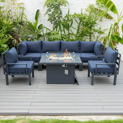 Chelsea 7-Piece Patio Sectional Set in Black Aluminum with Fire Pit Table - Elax Furniture