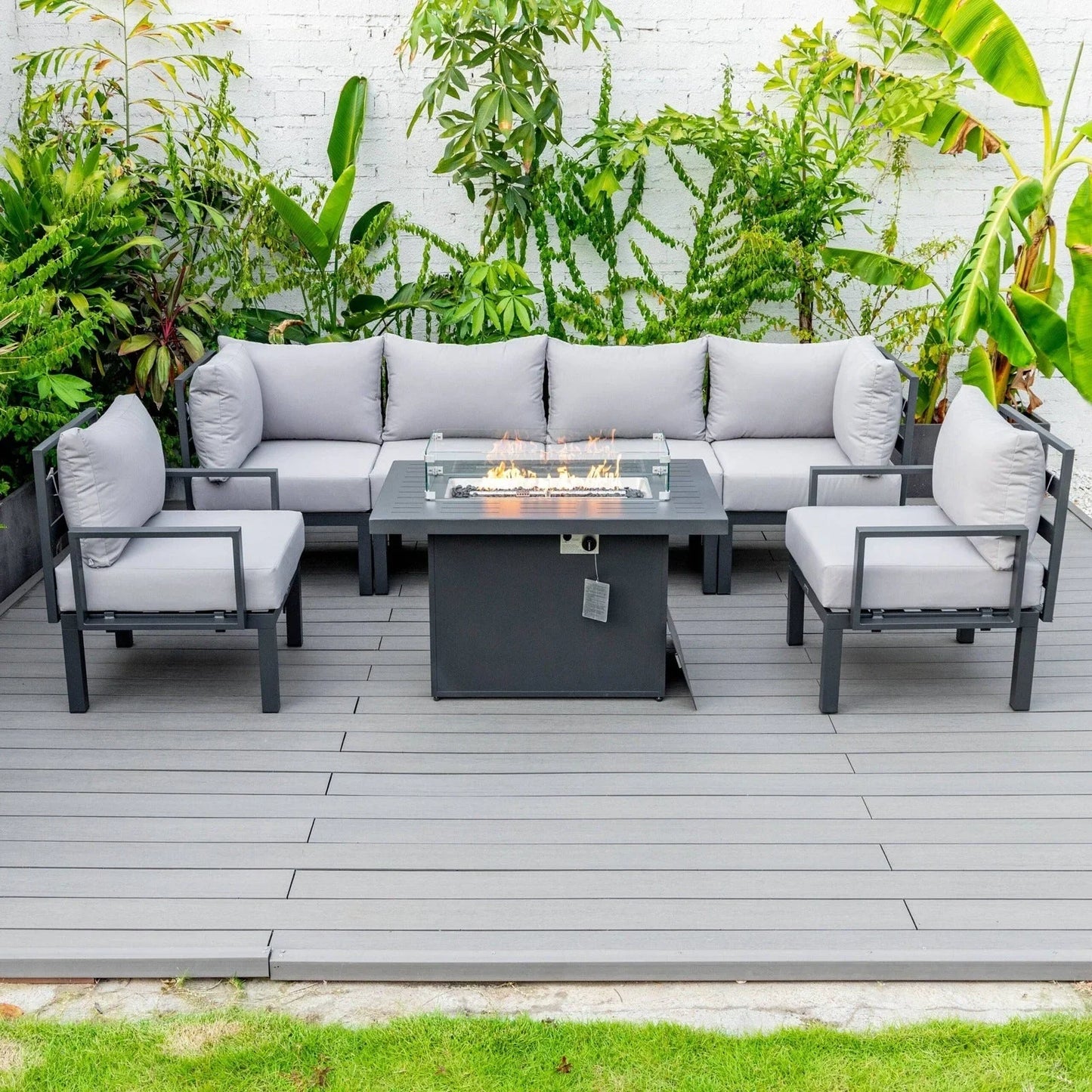 Chelsea 7-Piece Patio Sectional Set in Black Aluminum with Fire Pit Table - Elax Furniture