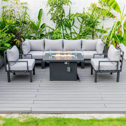 Chelsea 7-Piece Patio Sectional Set in Black Aluminum with Fire Pit Table - Elax Furniture