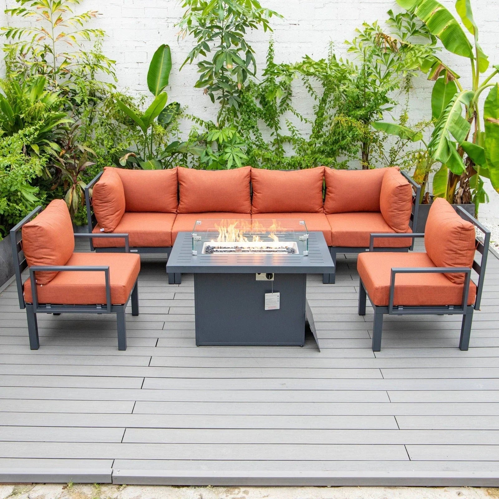 Chelsea 7-Piece Patio Sectional Set in Black Aluminum with Fire Pit Table - Elax Furniture
