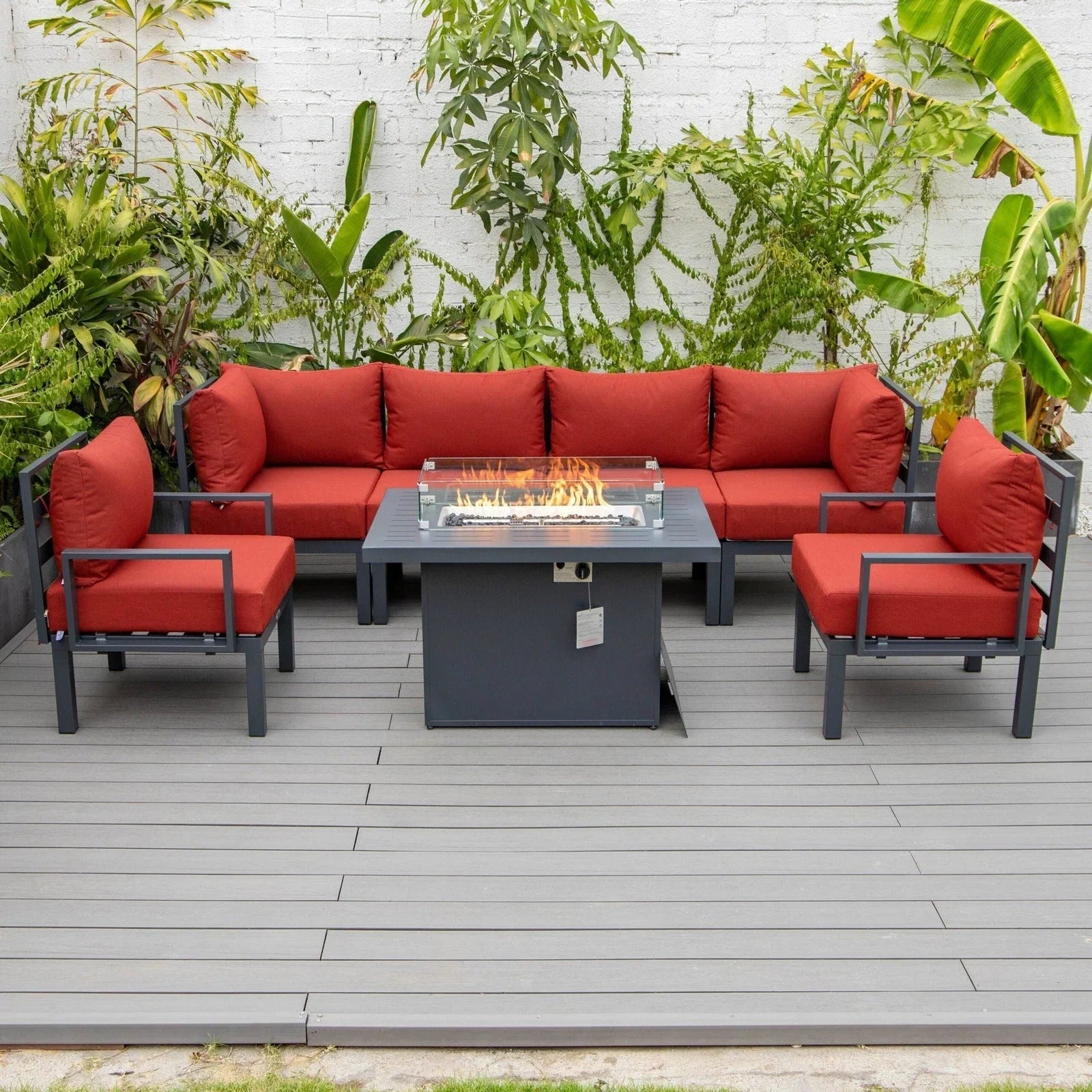 Chelsea 7-Piece Patio Sectional Set in Black Aluminum with Fire Pit Table - Elax Furniture