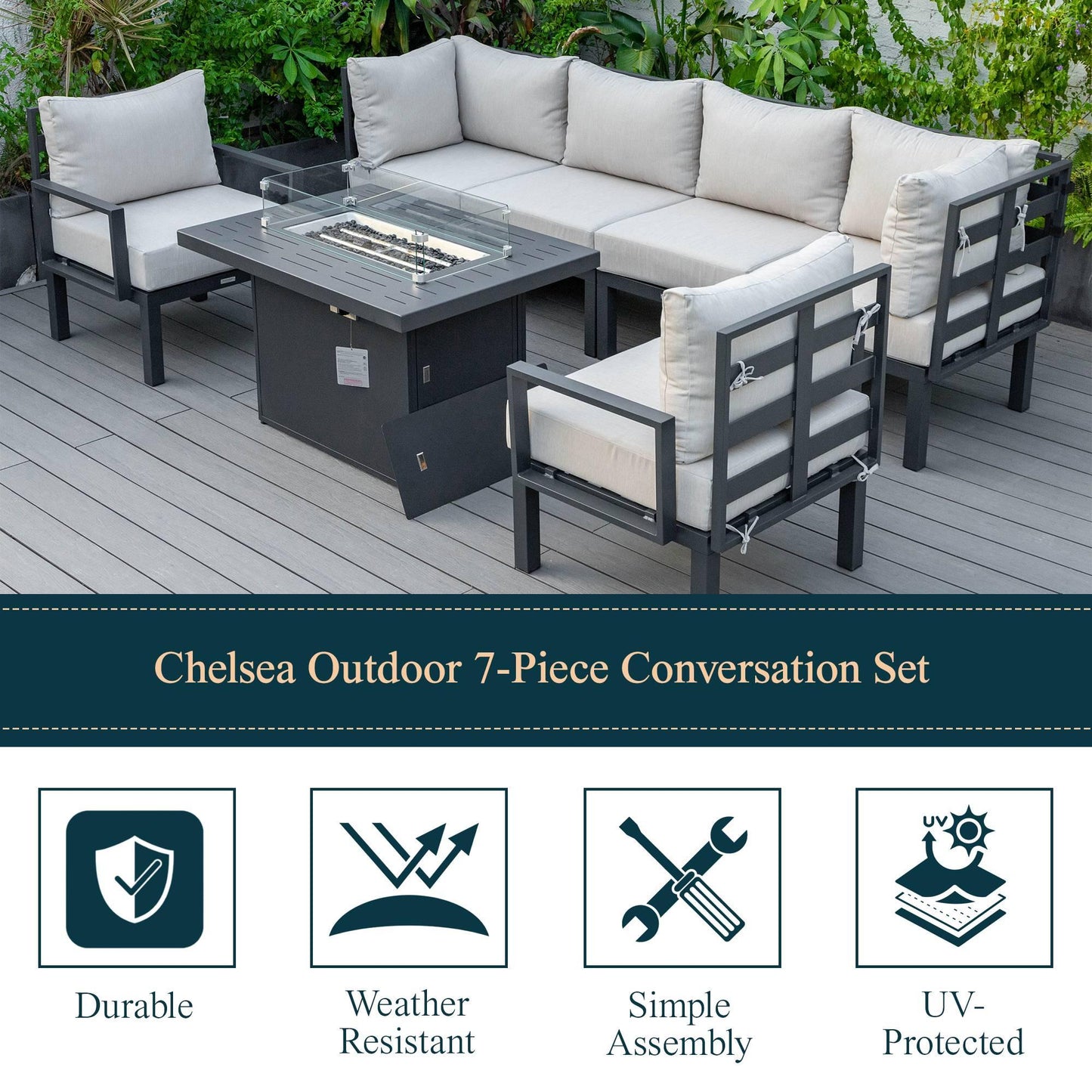 Chelsea 7-Piece Patio Sectional Set in Black Aluminum with Fire Pit Table - Elax Furniture