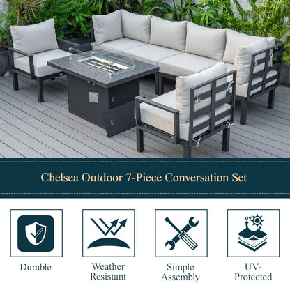 Chelsea 7-Piece Patio Sectional Set in Black Aluminum with Fire Pit Table - Elax Furniture