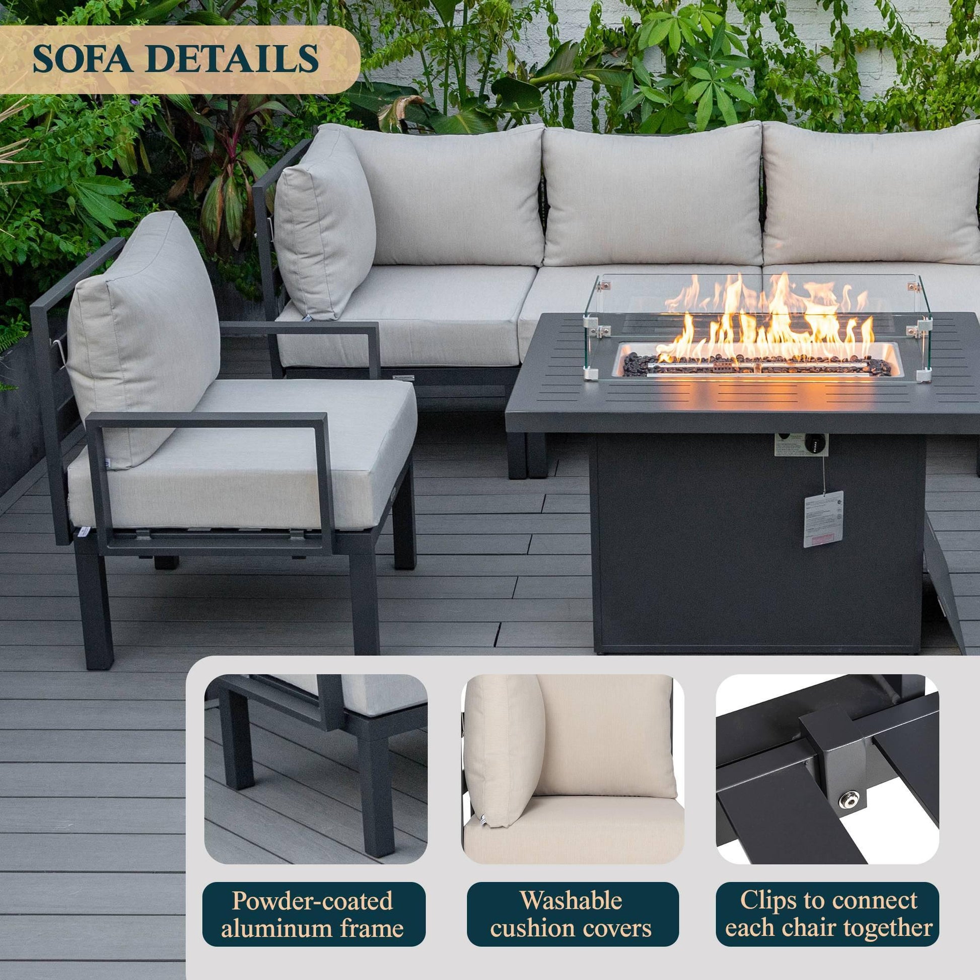 Chelsea 7-Piece Patio Sectional Set in Black Aluminum with Fire Pit Table - Elax Furniture
