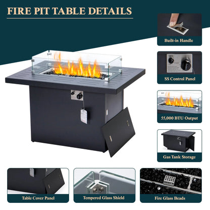 Chelsea 7-Piece Patio Sectional Set in Black Aluminum with Fire Pit Table - Elax Furniture