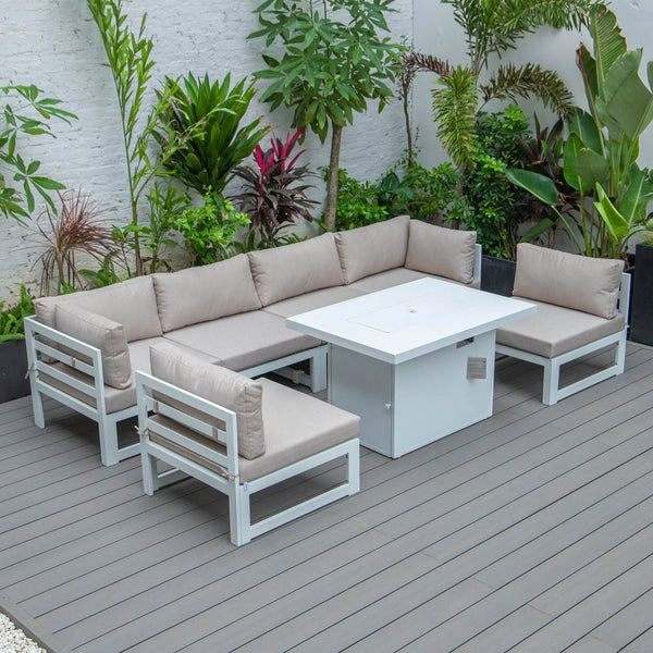 Chelsea 7-Piece Patio Sectional And Fire Pit Table In White Aluminum With Cushions