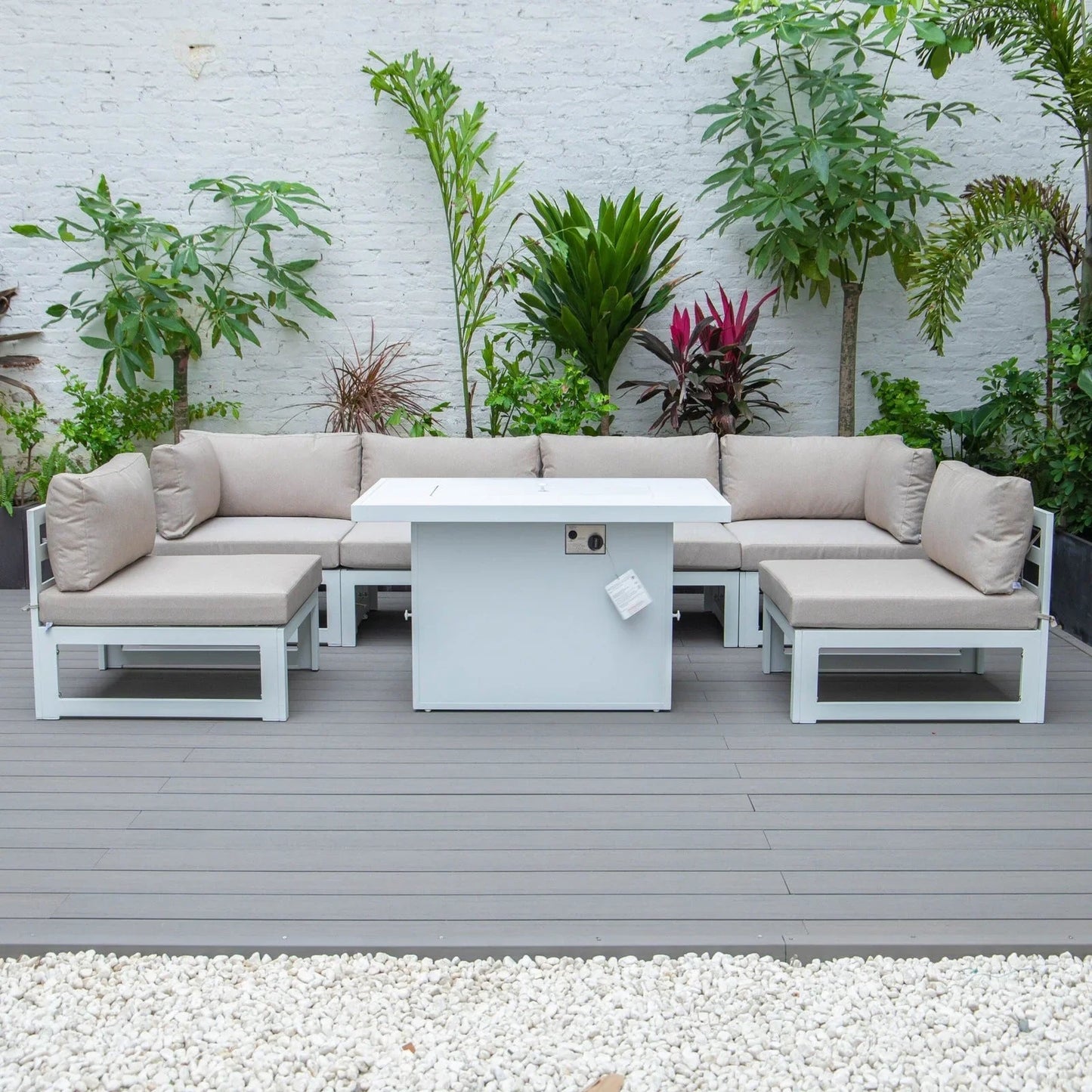 Chelsea 7-Piece Patio Sectional And Fire Pit Table In White Aluminum With Cushions - Elax Furniture