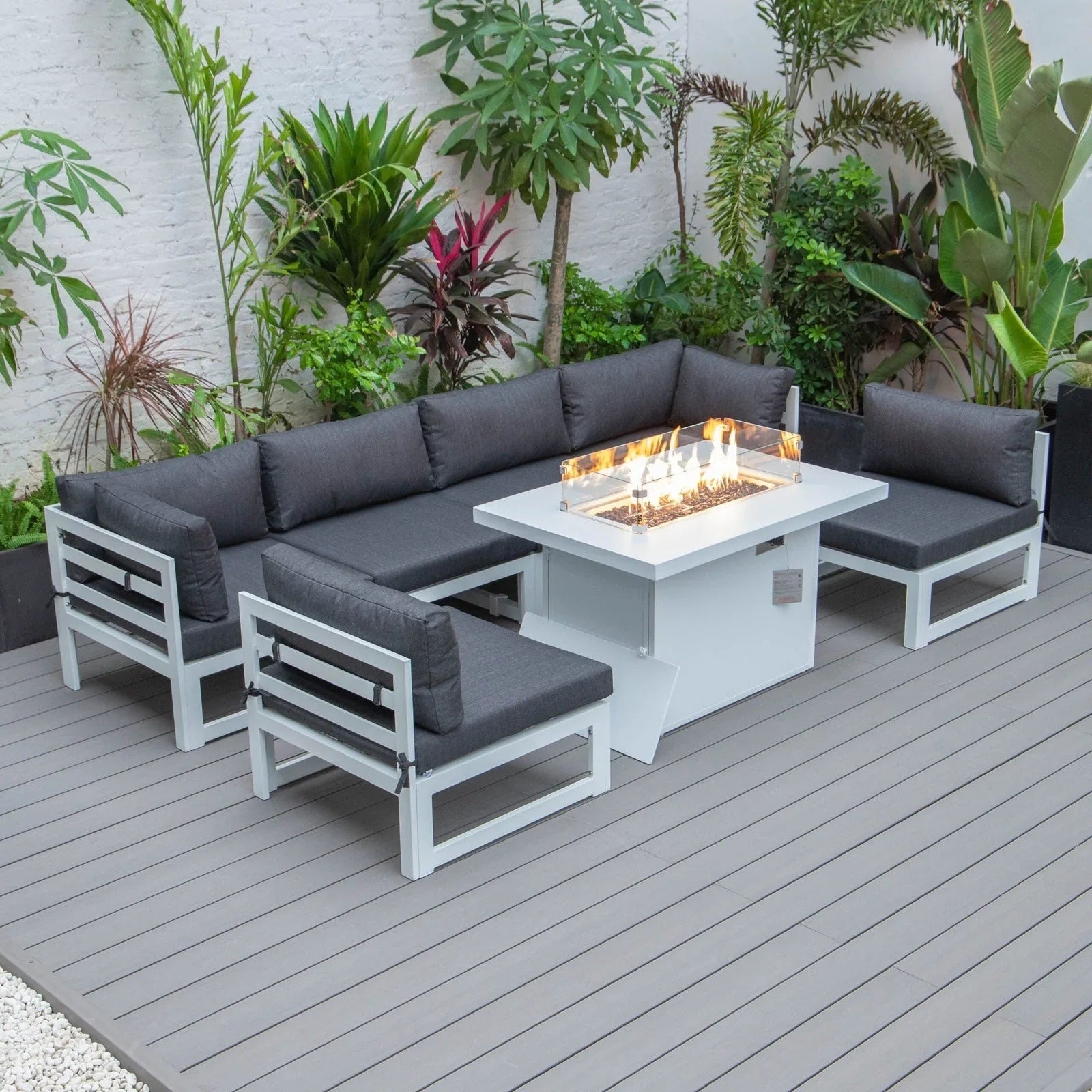 Chelsea 7-Piece Patio Sectional And Fire Pit Table In White Aluminum With Cushions - Elax Furniture