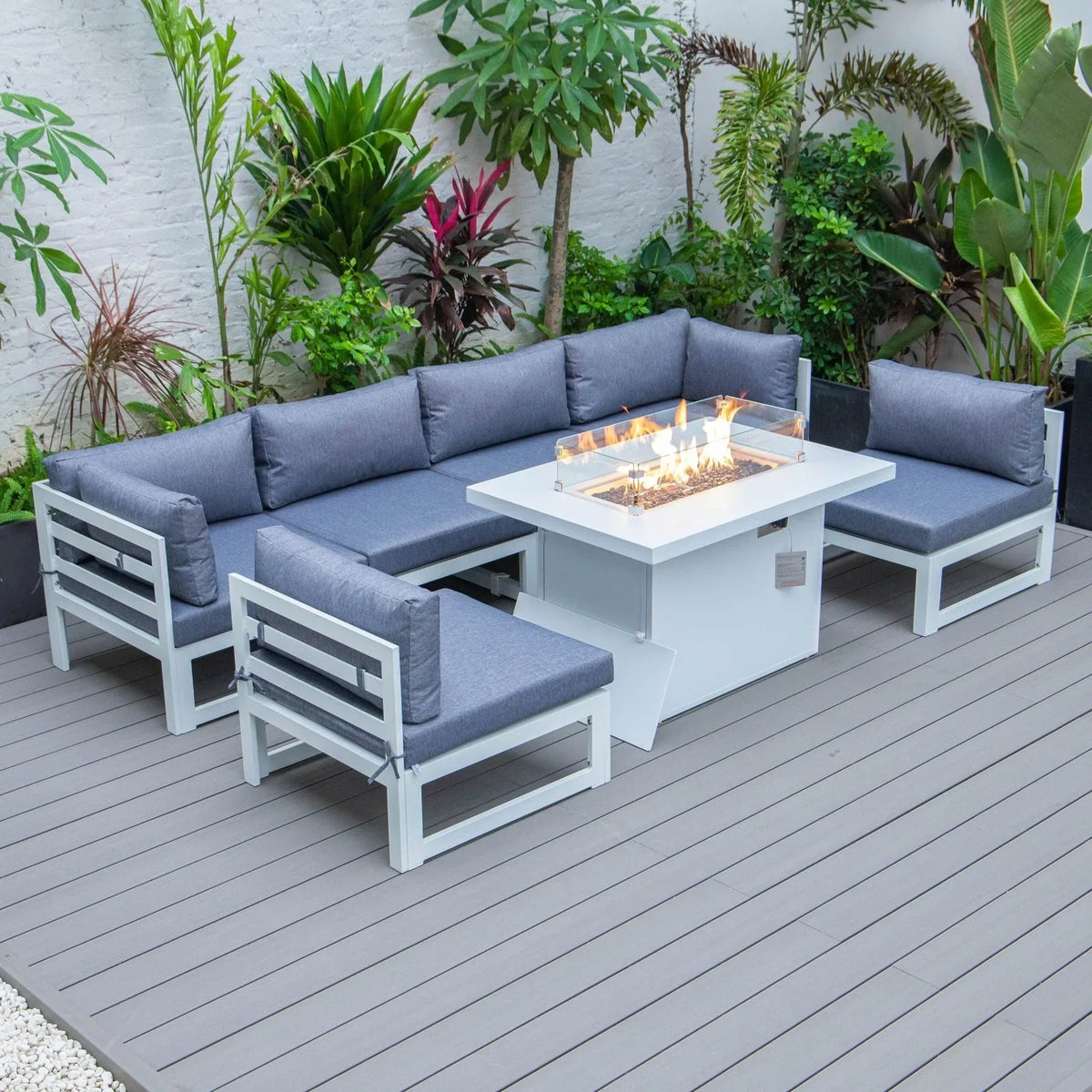 Chelsea 7-Piece Patio Sectional And Fire Pit Table In White Aluminum With Cushions - Elax Furniture