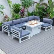 Chelsea 7-Piece Patio Sectional And Fire Pit Table In White Aluminum With Cushions - Elax Furniture