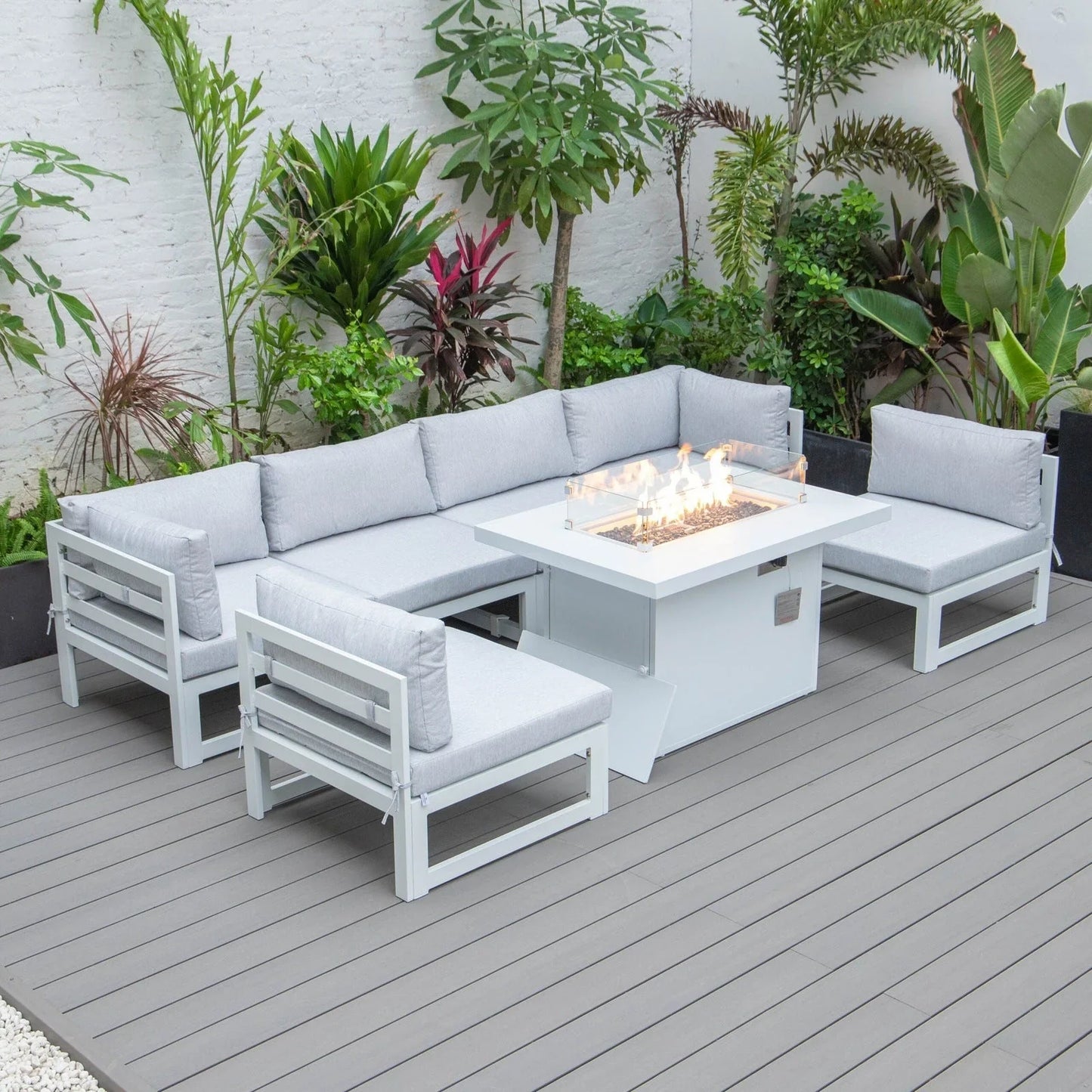 Chelsea 7-Piece Patio Sectional And Fire Pit Table In White Aluminum With Cushions - Elax Furniture