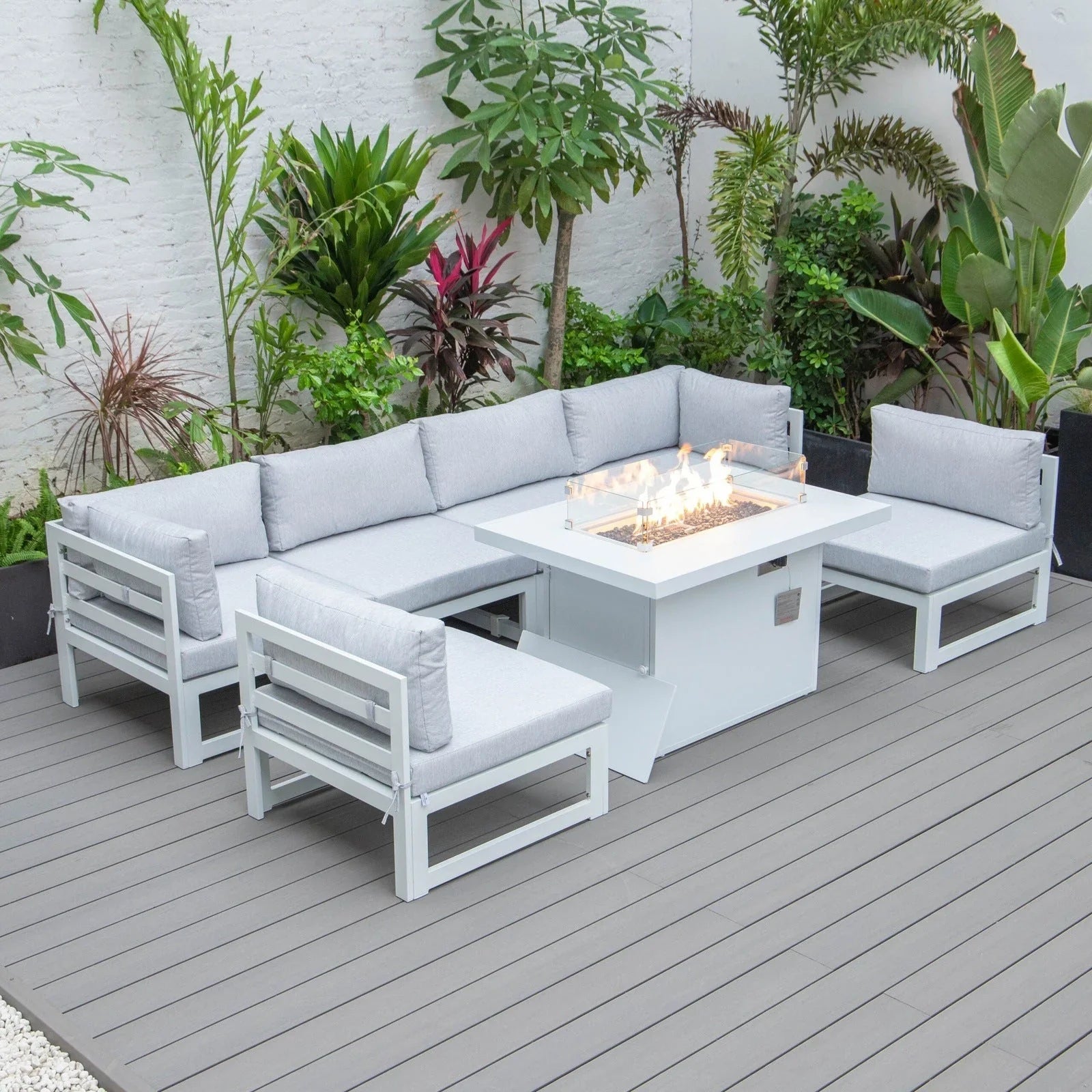 Chelsea 7-Piece Patio Sectional And Fire Pit Table In White Aluminum With Cushions - Elax Furniture