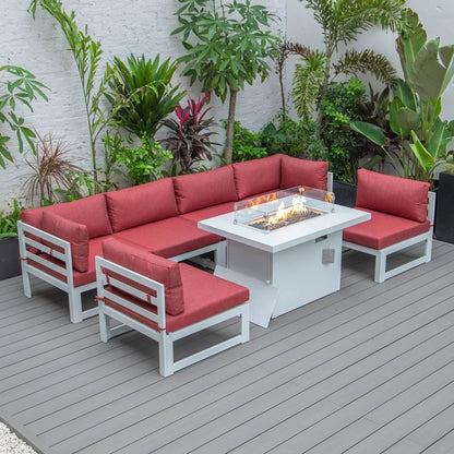 Chelsea 7-Piece Patio Sectional And Fire Pit Table In White Aluminum With Cushions - Elax Furniture