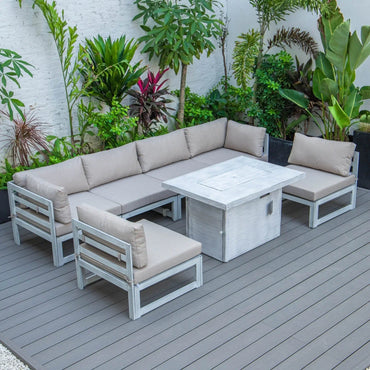 Chelsea 7-Piece Patio Sectional And Fire Pit Table In Weathered Grey Aluminum With Cushions - Elax Furniture