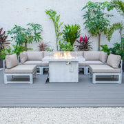Chelsea 7-Piece Patio Sectional And Fire Pit Table In Weathered Grey Aluminum With Cushions - Elax Furniture