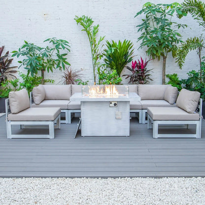 Chelsea 7-Piece Patio Sectional And Fire Pit Table In Weathered Grey Aluminum With Cushions - Elax Furniture