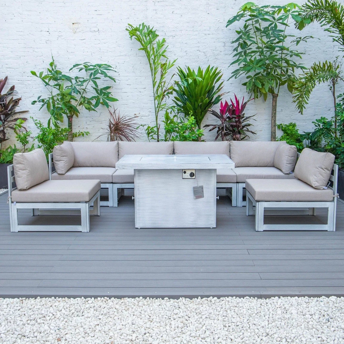 Chelsea 7-Piece Patio Sectional And Fire Pit Table In Weathered Grey Aluminum With Cushions - Elax Furniture