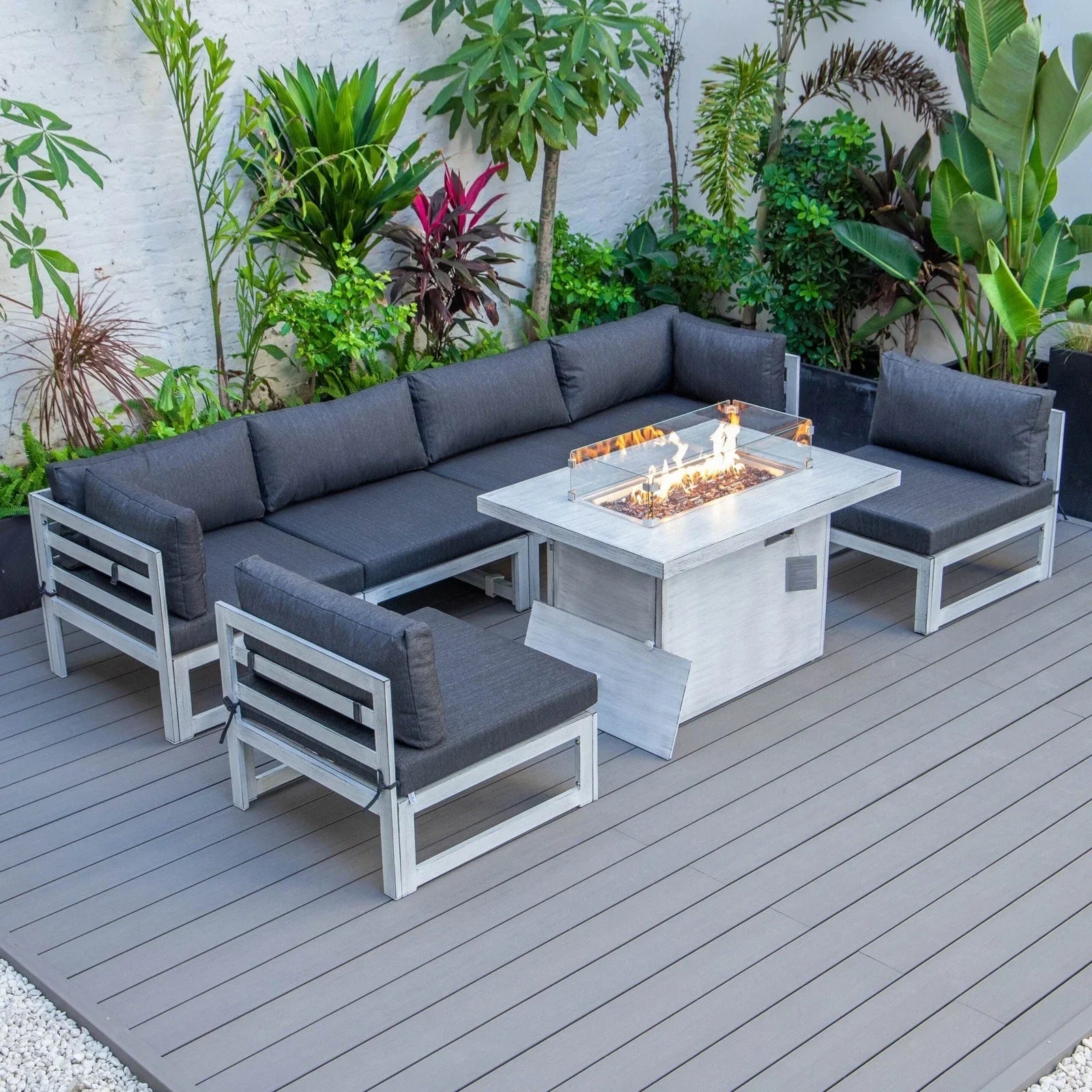 Chelsea 7-Piece Patio Sectional And Fire Pit Table In Weathered Grey Aluminum With Cushions - Elax Furniture