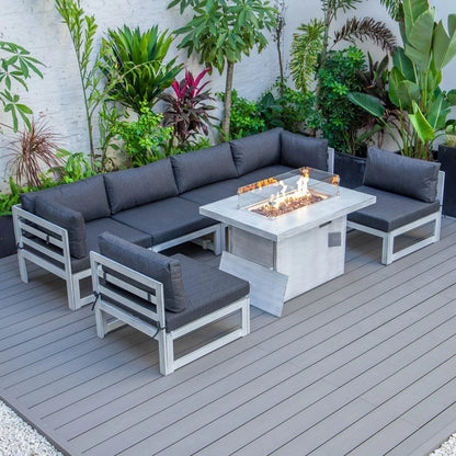 Chelsea 7-Piece Patio Sectional And Fire Pit Table In Weathered Grey Aluminum With Cushions - Elax Furniture