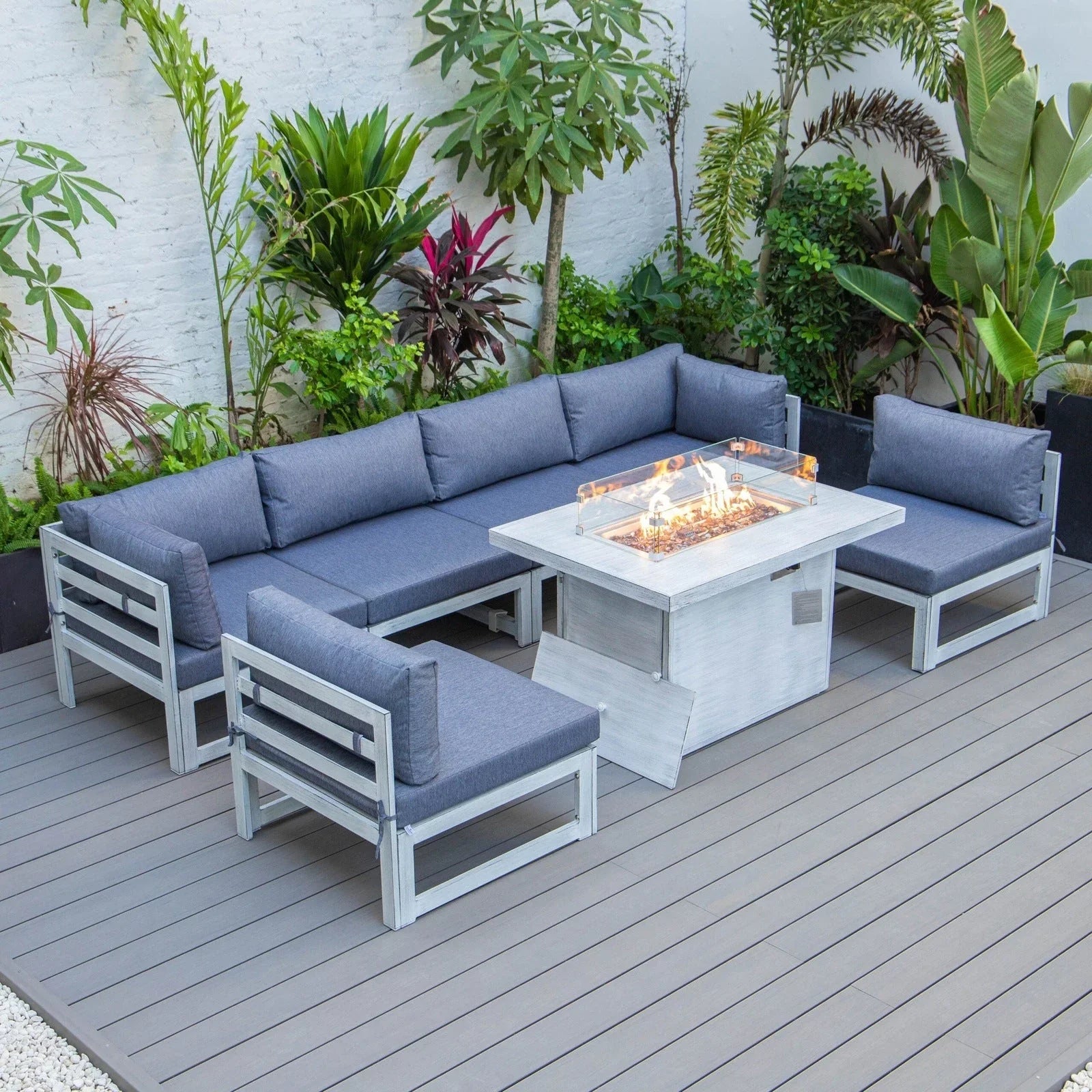 Chelsea 7-Piece Patio Sectional And Fire Pit Table In Weathered Grey Aluminum With Cushions - Elax Furniture