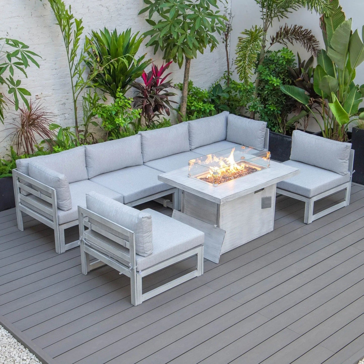 Chelsea 7-Piece Patio Sectional And Fire Pit Table In Weathered Grey Aluminum With Cushions - Elax Furniture