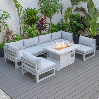 Chelsea 7-Piece Patio Sectional And Fire Pit Table In Weathered Grey Aluminum With Cushions - Elax Furniture