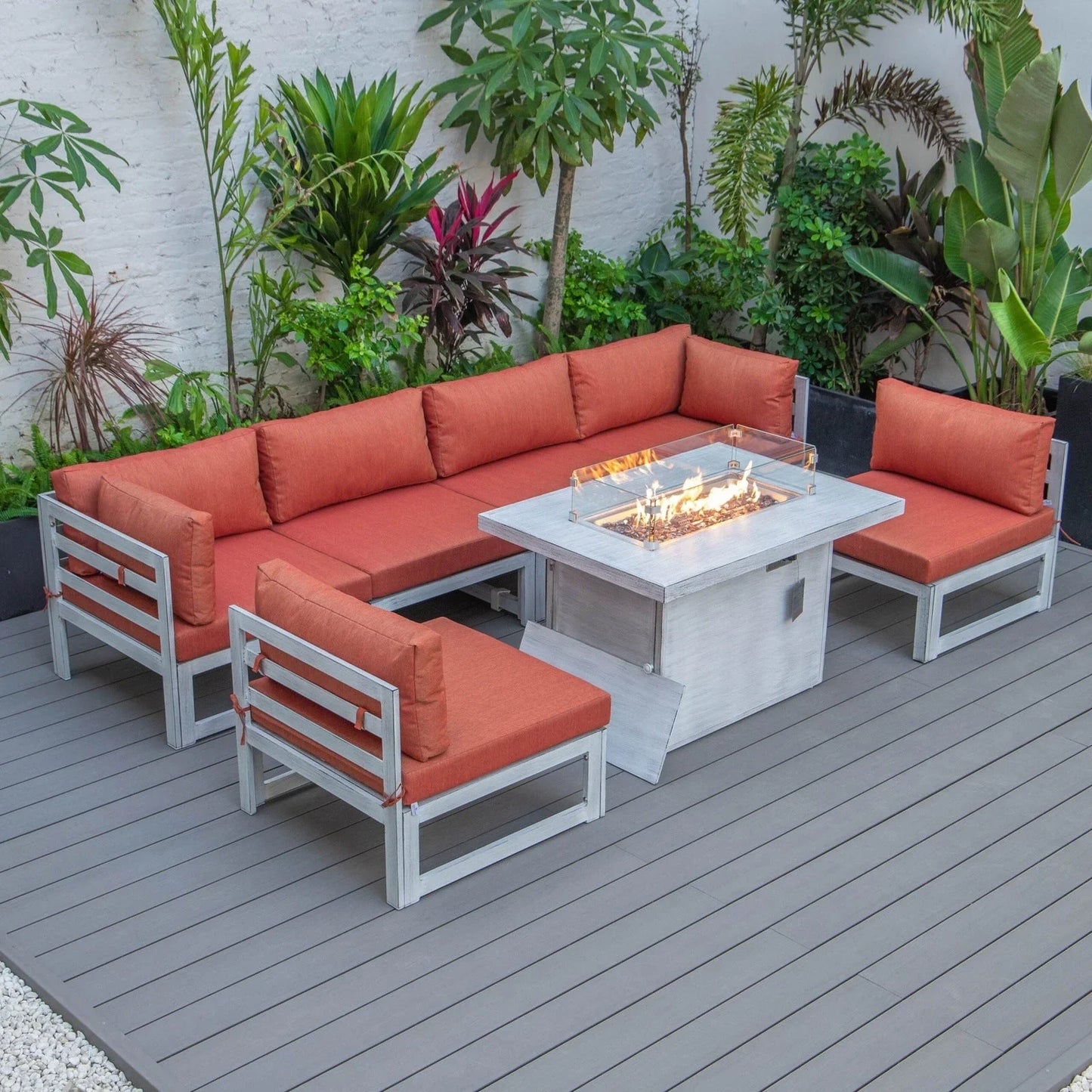 Chelsea 7-Piece Patio Sectional And Fire Pit Table In Weathered Grey Aluminum With Cushions - Elax Furniture