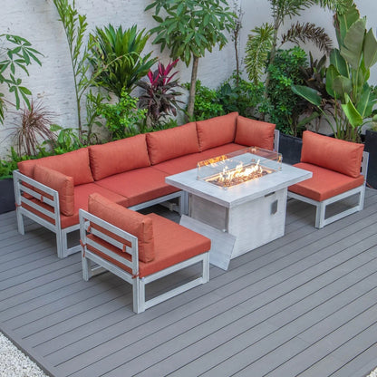 Chelsea 7-Piece Patio Sectional And Fire Pit Table In Weathered Grey Aluminum With Cushions - Elax Furniture