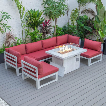 Chelsea 7-Piece Patio Sectional And Fire Pit Table In Weathered Grey Aluminum With Cushions - Elax Furniture