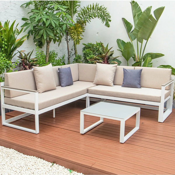Chelsea White Sectional With Adjustable Headrest & Coffee Table With Two Tone Cushions