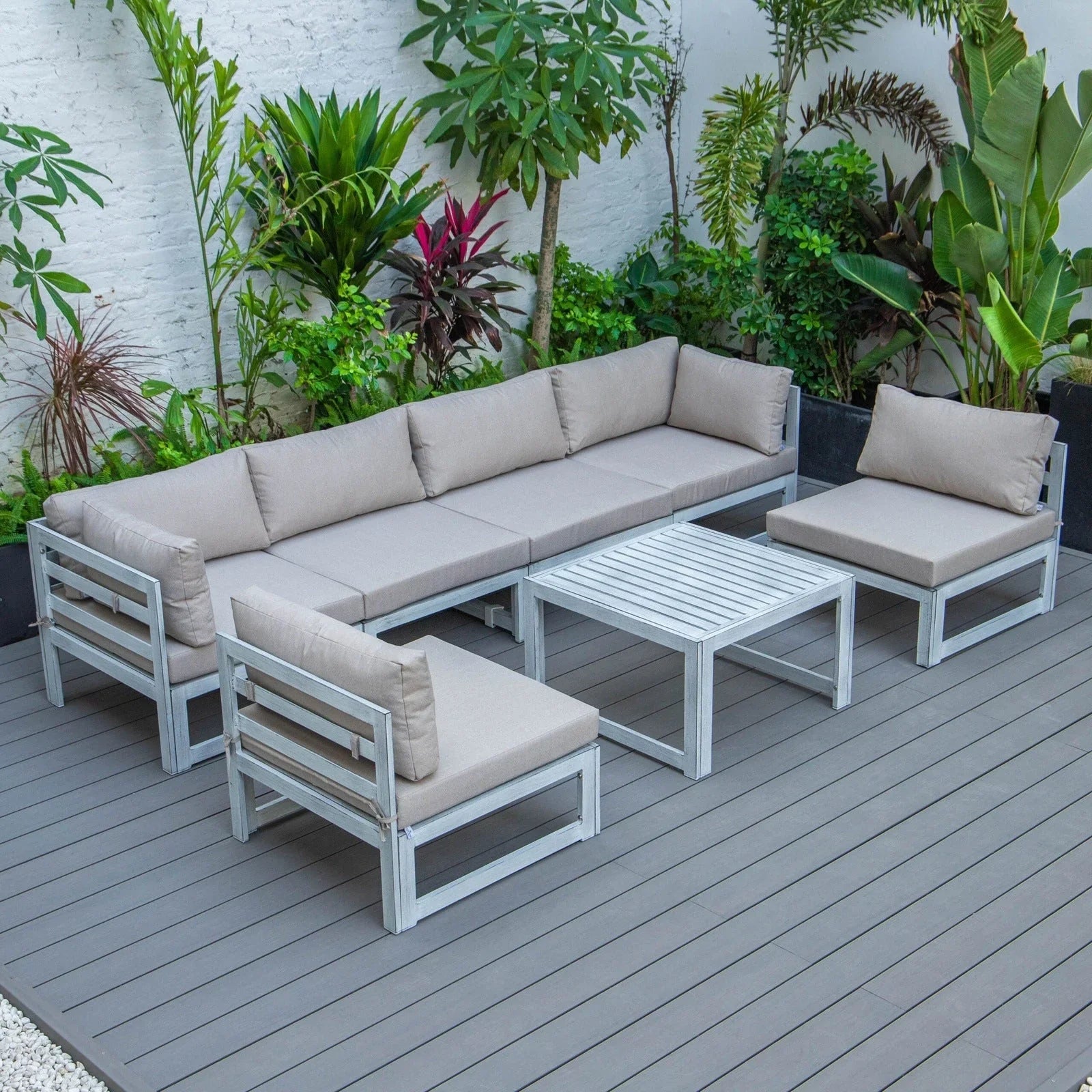 Chelsea 7-Piece Patio Sectional And Coffee Table Set In Weathered Grey Aluminum With Cushions - Elax Furniture