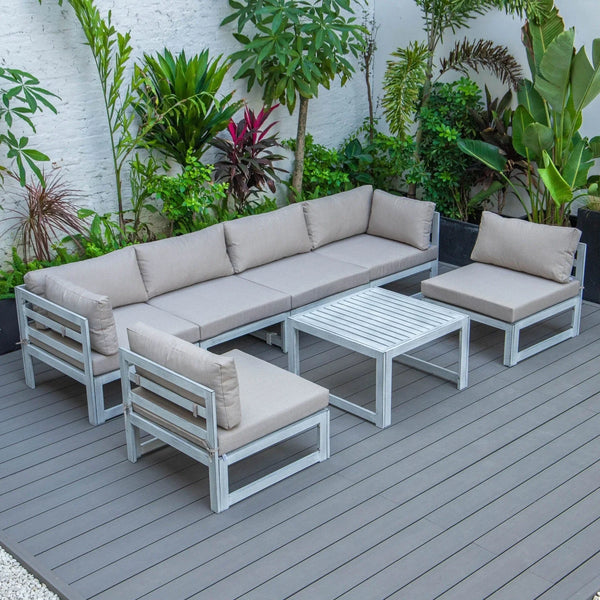 Chelsea 7-Piece Patio Sectional And Coffee Table Set In Weathered Grey Aluminum With Cushions - Elax Furniture