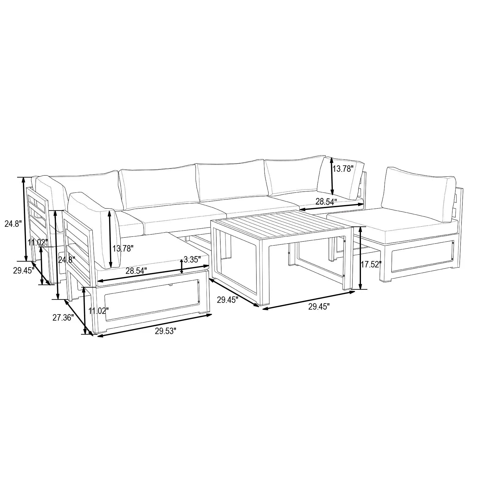 Chelsea 7-Piece Patio Sectional And Coffee Table Set In Weathered Grey Aluminum With Cushions - Elax Furniture
