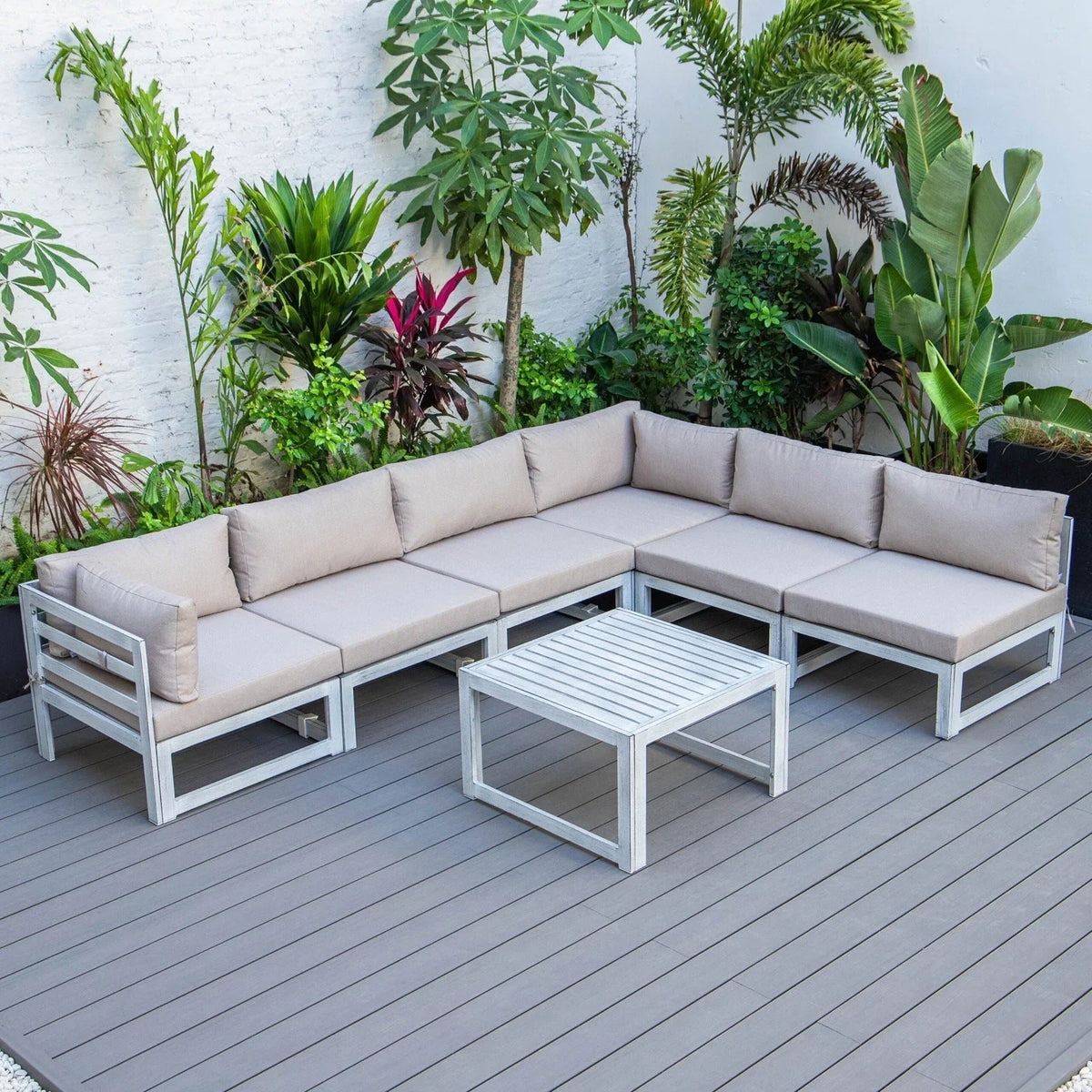 Chelsea 7-Piece Patio Sectional And Coffee Table Set In Weathered Grey Aluminum With Cushions - Elax Furniture