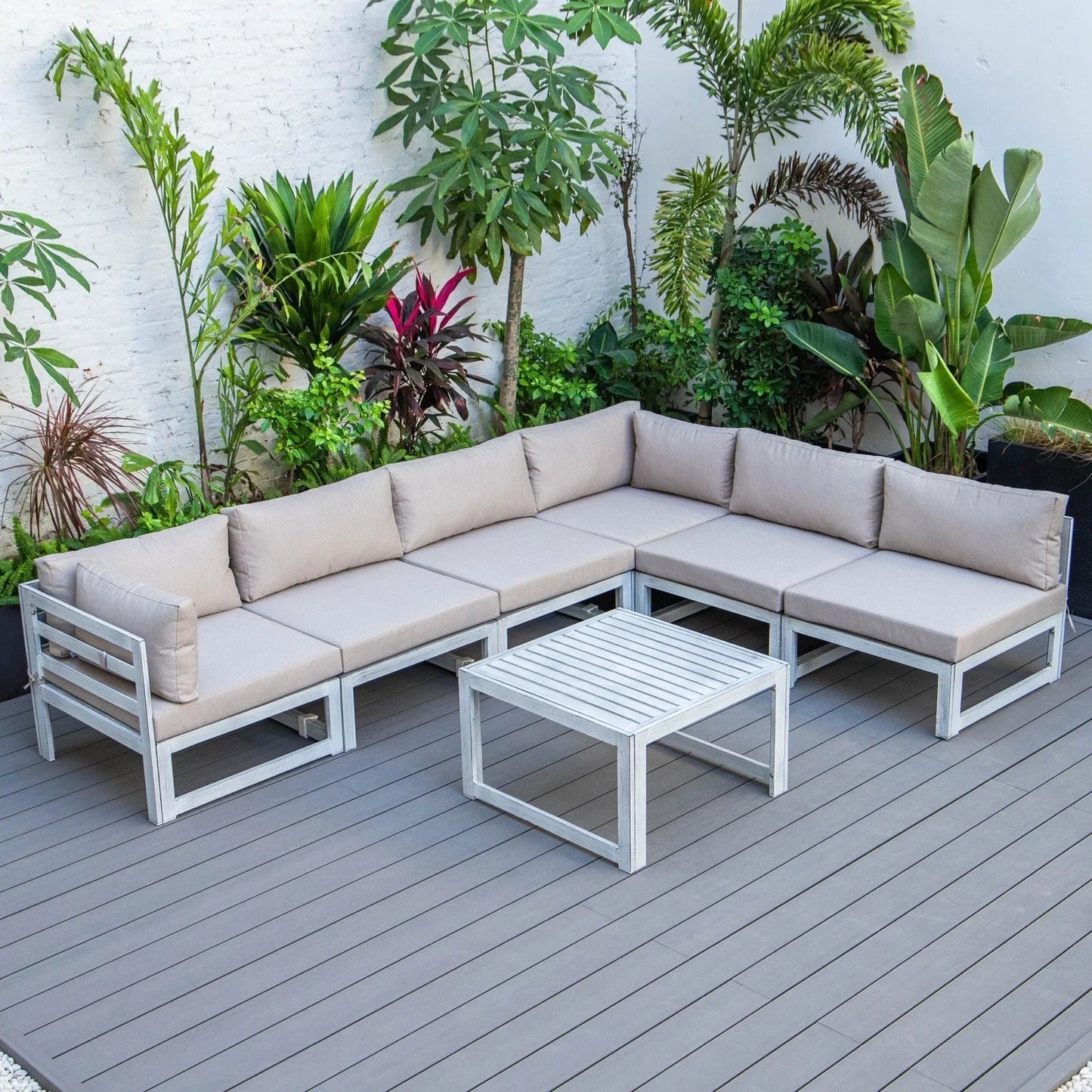 Chelsea 7-Piece Patio Sectional And Coffee Table Set In Weathered Grey Aluminum With Cushions - Elax Furniture