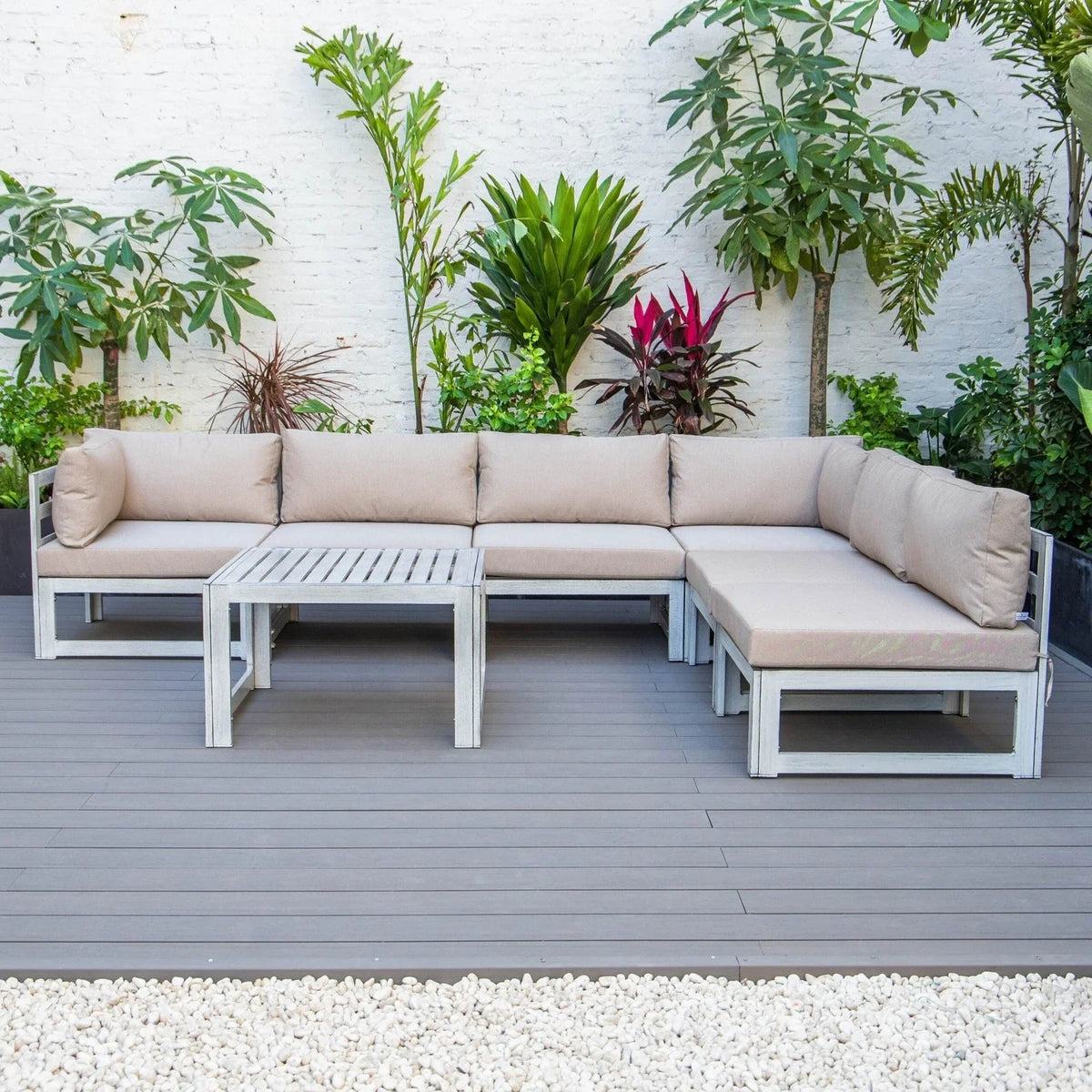 Chelsea 7-Piece Patio Sectional And Coffee Table Set In Weathered Grey Aluminum With Cushions - Elax Furniture