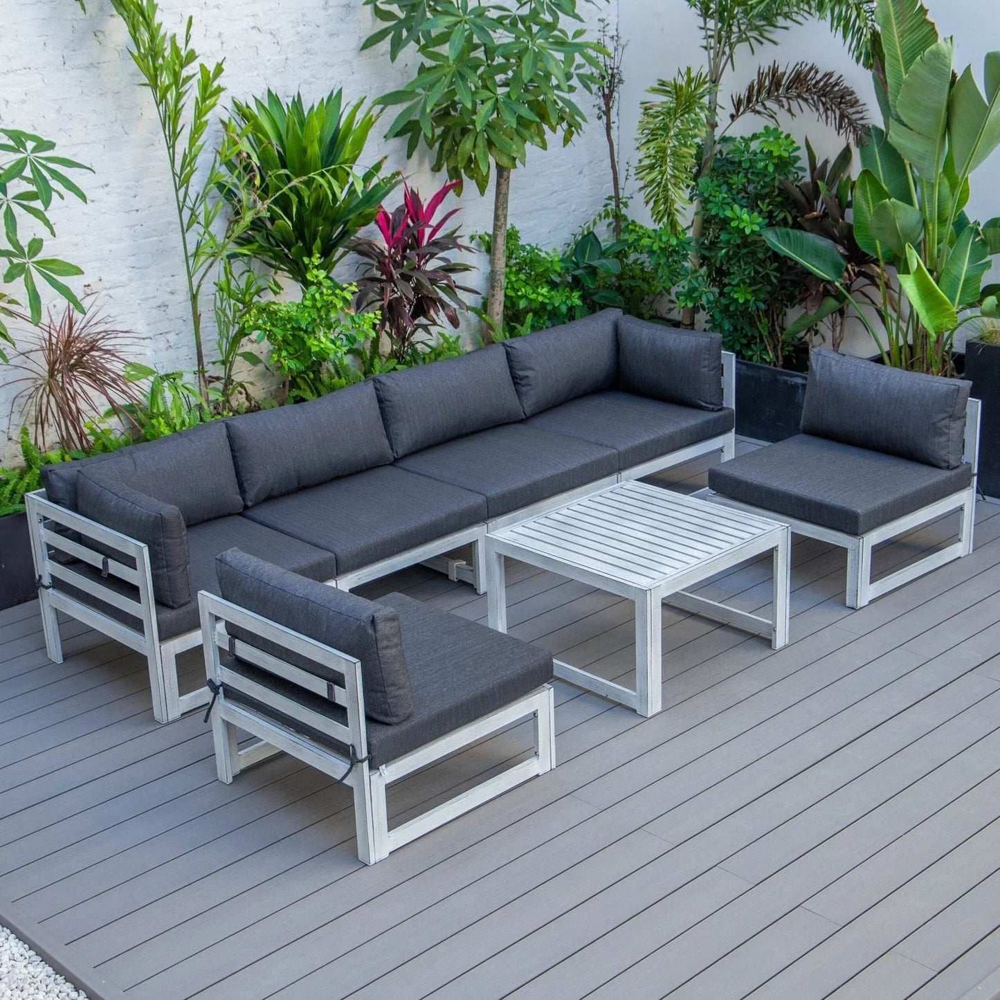 Chelsea 7-Piece Patio Sectional And Coffee Table Set In Weathered Grey Aluminum With Cushions - Elax Furniture
