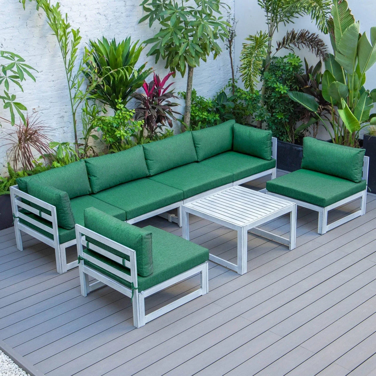 Chelsea 7-Piece Patio Sectional And Coffee Table Set In Weathered Grey Aluminum With Cushions - Elax Furniture
